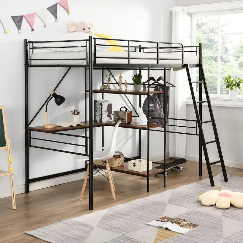 Cama alta de metal individual con escritorio y estantes incorporados