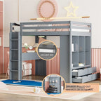 Cama alta tamaño matrimonial con estantes grandes, escritorio y luz LED