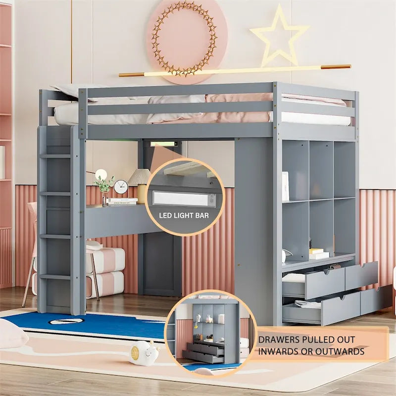 Cama alta tamaño matrimonial con estantes grandes, escritorio y luz LED
