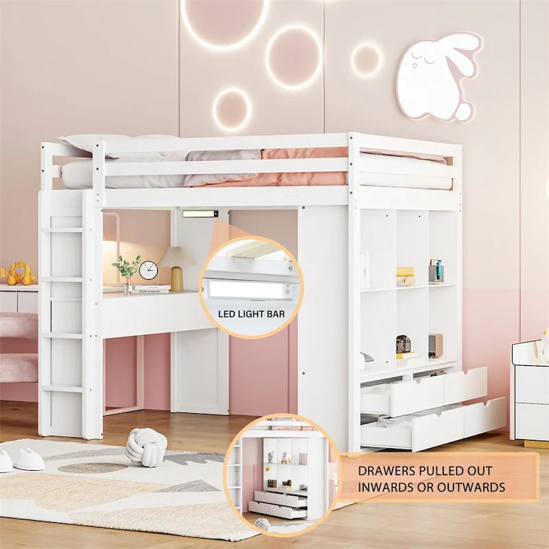 Cama alta tamaño matrimonial con estantes grandes, escritorio y luz LED