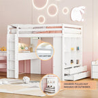 Cama alta tamaño matrimonial con estantes grandes, escritorio y luz LED