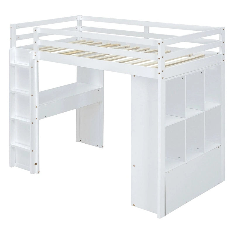 Cama alta tamaño matrimonial con estantes grandes, escritorio y luz LED