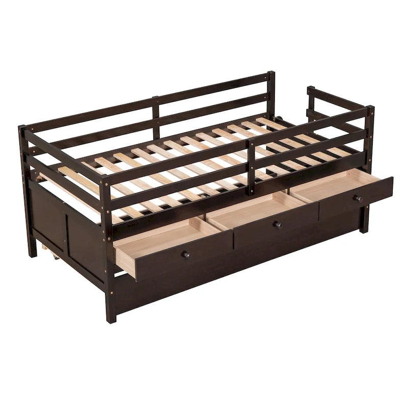 Cama baja individual con valla de seguridad completa, escalera, cajones de almacenamiento y cama nido de madera maciza