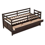 Cama baja individual con valla de seguridad completa, escalera, cajones de almacenamiento y cama nido de madera maciza