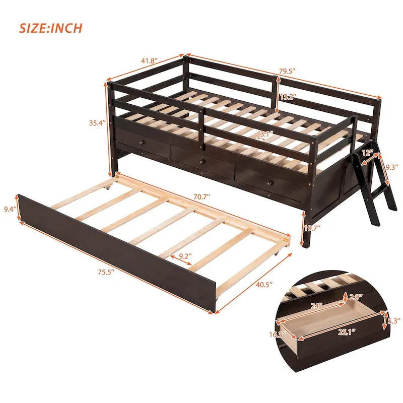 Cama baja individual con valla de seguridad completa, escalera, cajones de almacenamiento y cama nido de madera maciza
