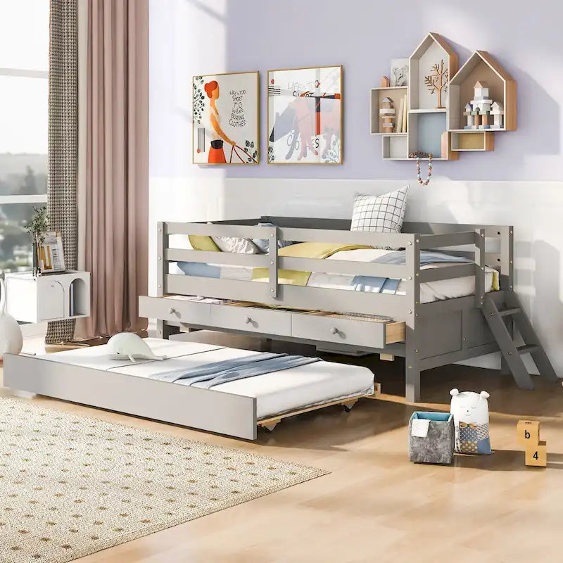 Cama baja individual con valla de seguridad completa, escalera, cajones de almacenamiento y cama nido de madera maciza