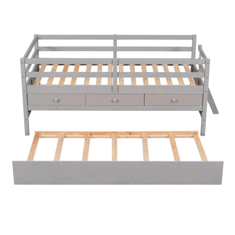 Cama baja individual con valla de seguridad completa, escalera, cajones de almacenamiento y cama nido de madera maciza