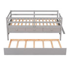 Cama baja individual con valla de seguridad completa, escalera, cajones de almacenamiento y cama nido de madera maciza