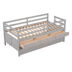 Cama baja individual con valla de seguridad completa, escalera, cajones de almacenamiento y cama nido de madera maciza