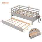 Cama baja individual con valla de seguridad completa, escalera, cajones de almacenamiento y cama nido de madera maciza