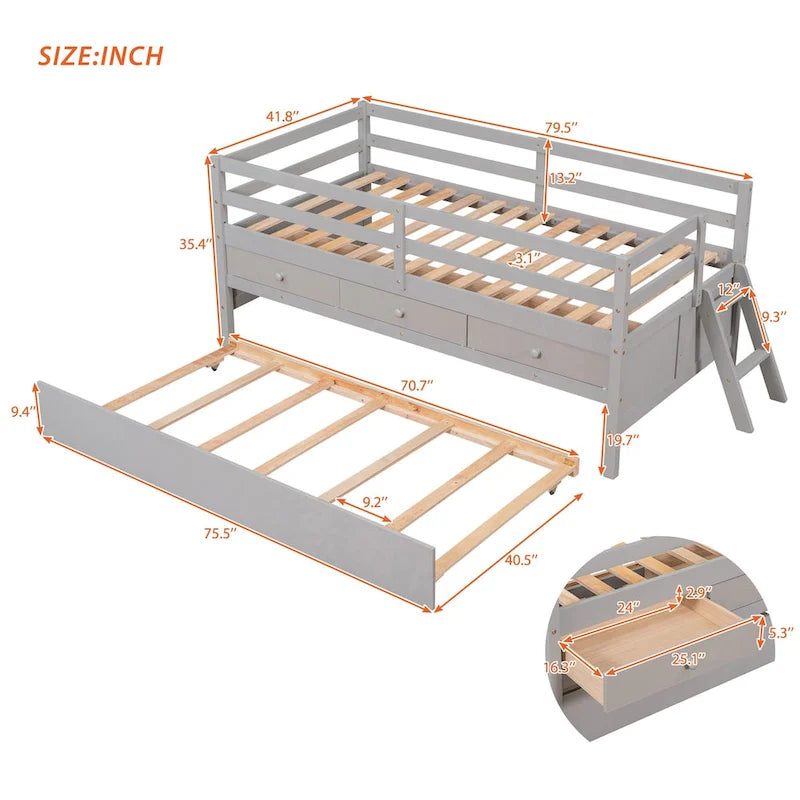 Cama baja individual con valla de seguridad completa, escalera, cajones de almacenamiento y cama nido de madera maciza