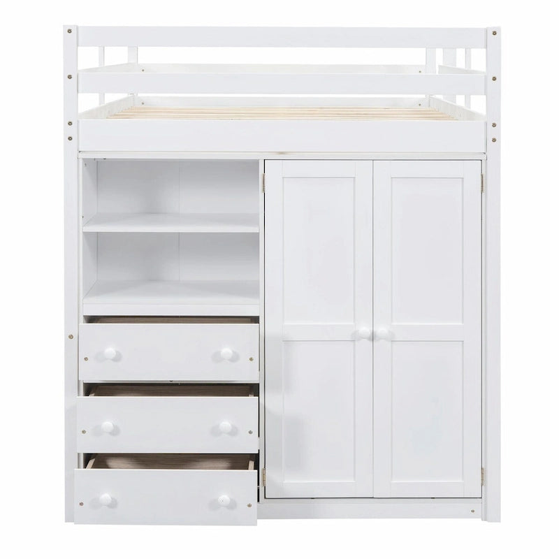 Full Size Loft Bed with Wardrobe, Desk, Storage Shelves, and Drawers