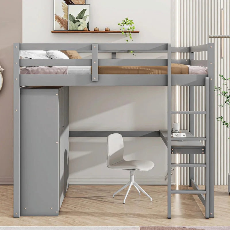 Cama alta de tamaño completo con armario, escritorio, estantes de almacenamiento y cajones