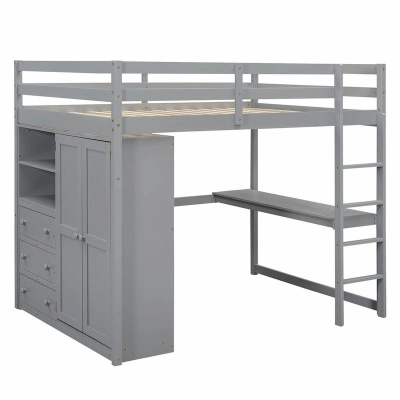 Cama alta de tamaño completo con armario, escritorio, estantes de almacenamiento y cajones