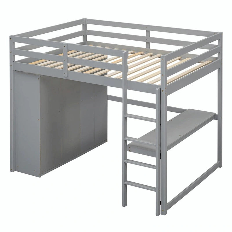 Cama alta de tamaño completo con armario, escritorio, estantes de almacenamiento y cajones
