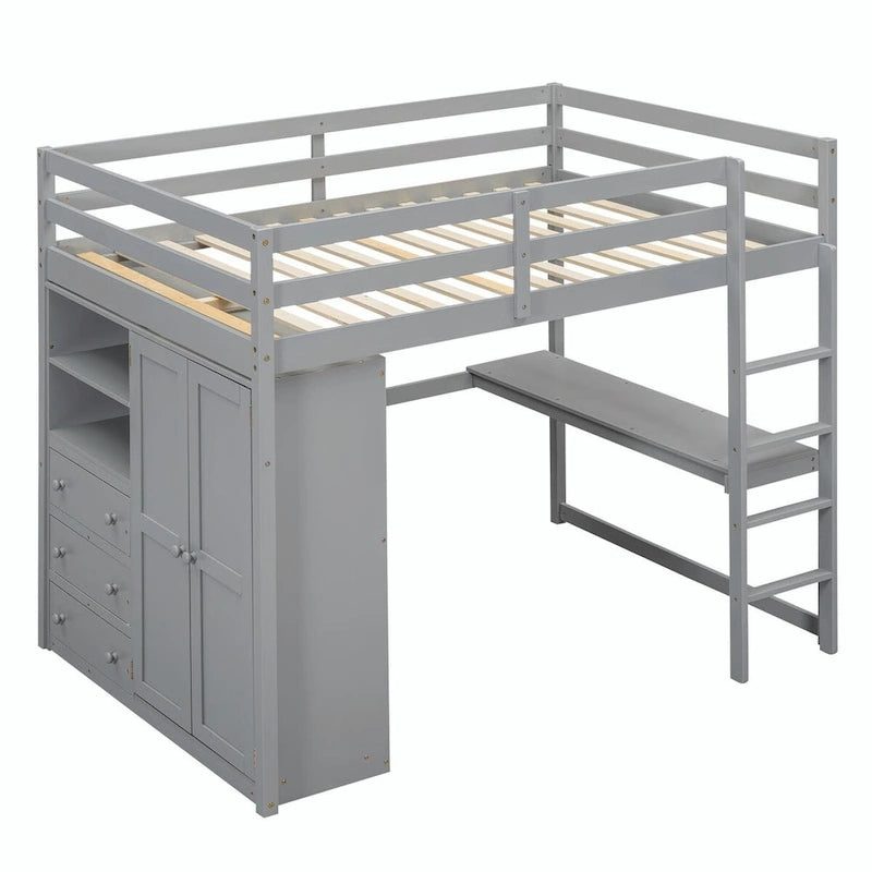 Cama alta de tamaño completo con armario, escritorio, estantes de almacenamiento y cajones