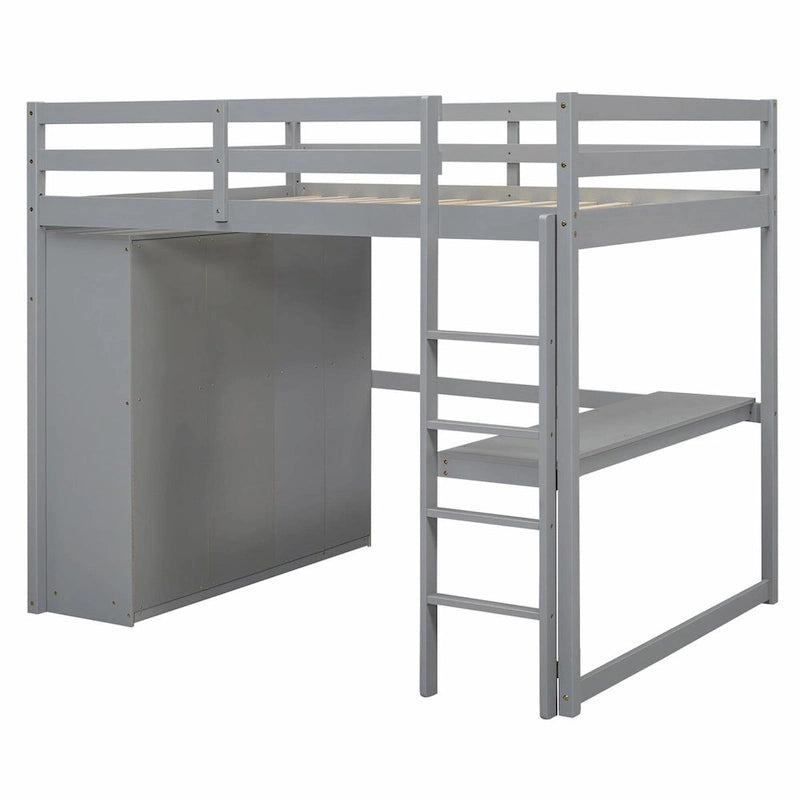 Cama alta de tamaño completo con armario, escritorio, estantes de almacenamiento y cajones