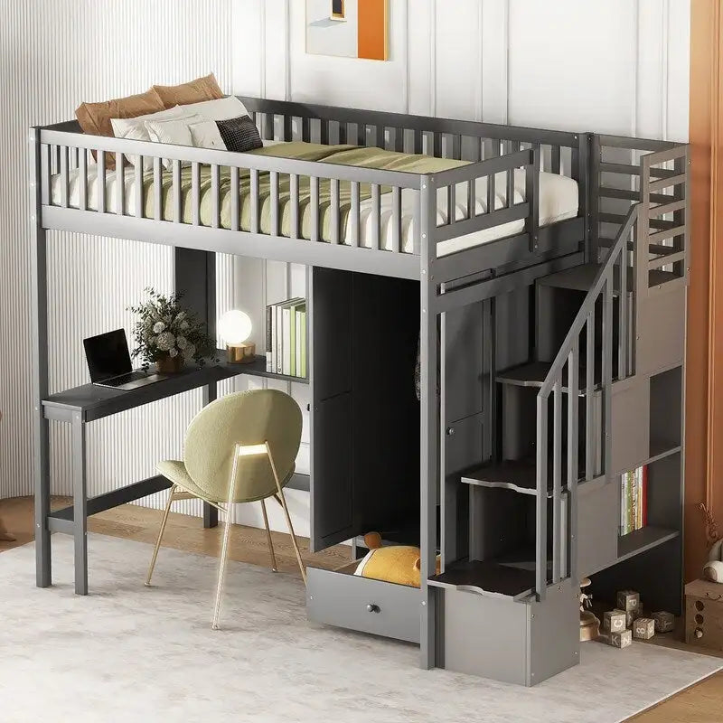 Twin size Loft Bed with Bookshelf,Drawers,Desk,and Wardrobe