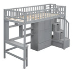 Cama alta individual con estantería, cajones, escritorio y armario