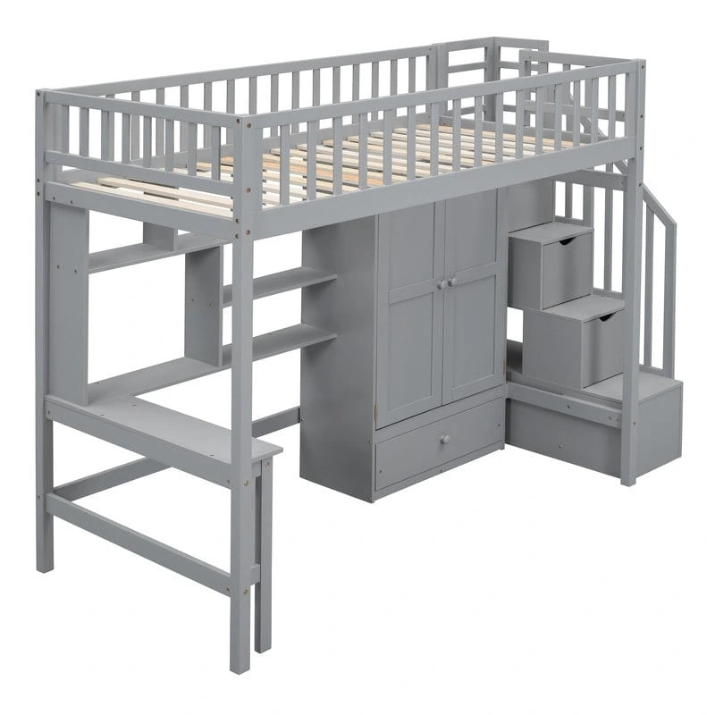 Cama alta individual con estantería, cajones, escritorio y armario