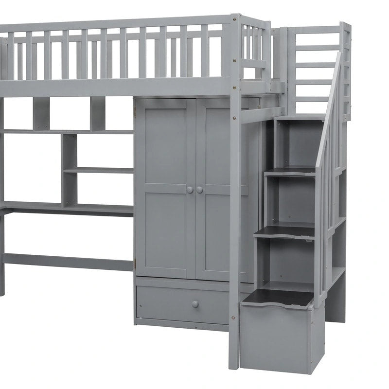 Cama alta individual con estantería, cajones, escritorio y armario