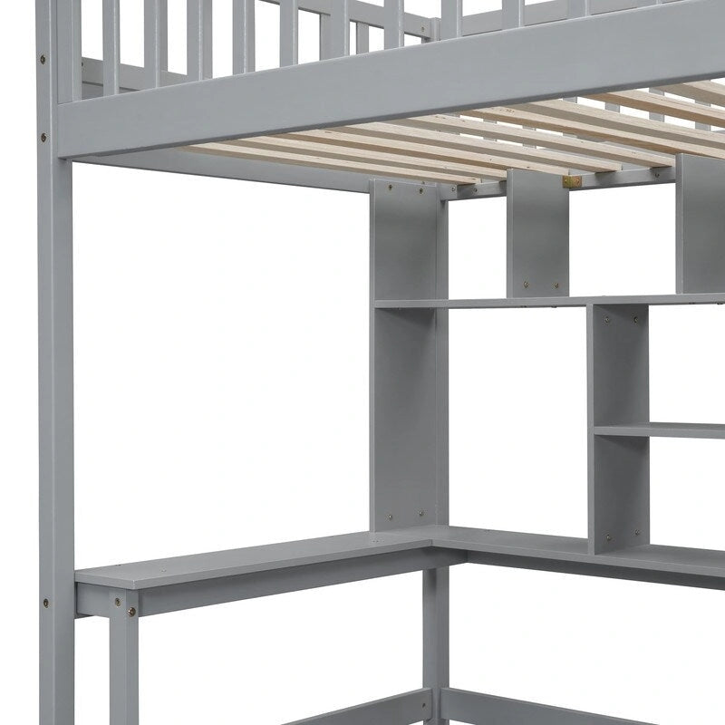 Cama alta individual con estantería, cajones, escritorio y armario