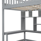 Cama alta individual con estantería, cajones, escritorio y armario