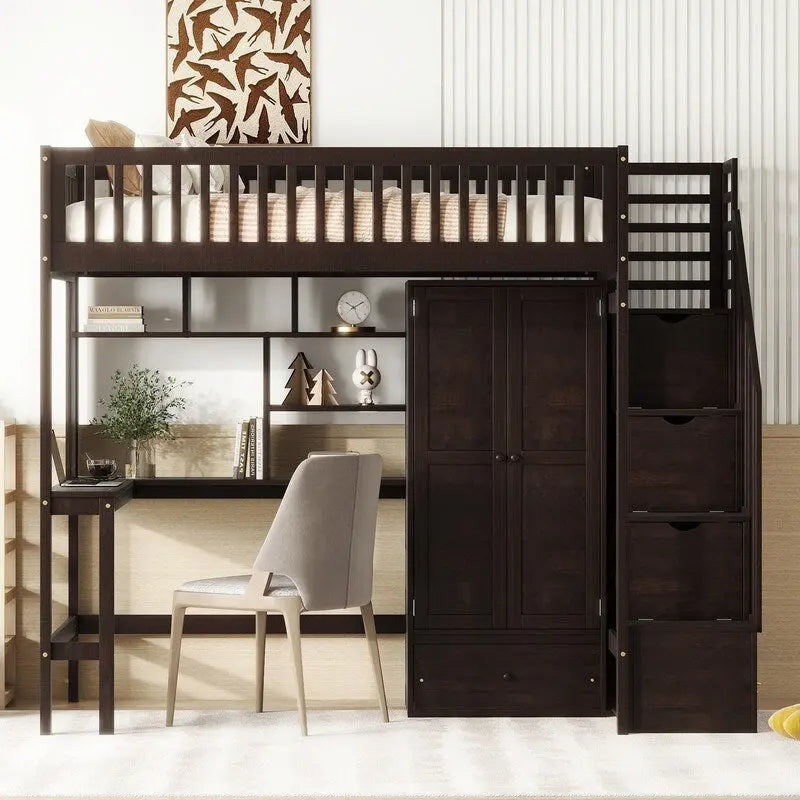 Cama alta individual con estantería, cajones, escritorio y armario