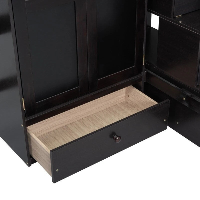 Cama alta individual con estantería, cajones, escritorio y armario