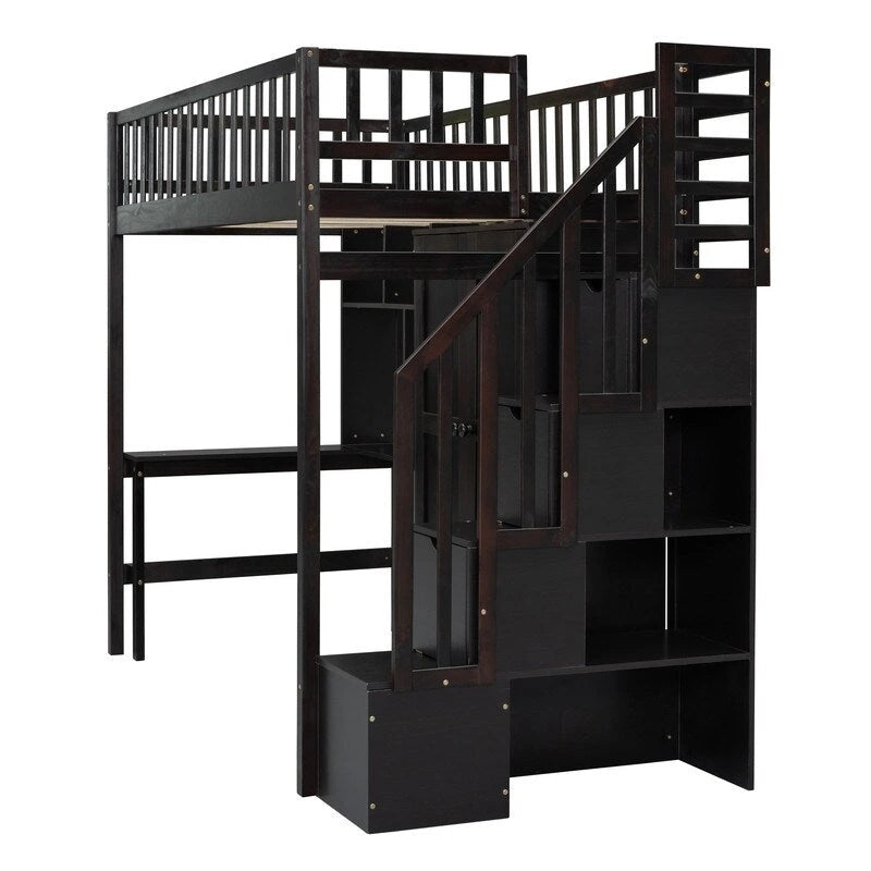 Cama alta individual con estantería, cajones, escritorio y armario