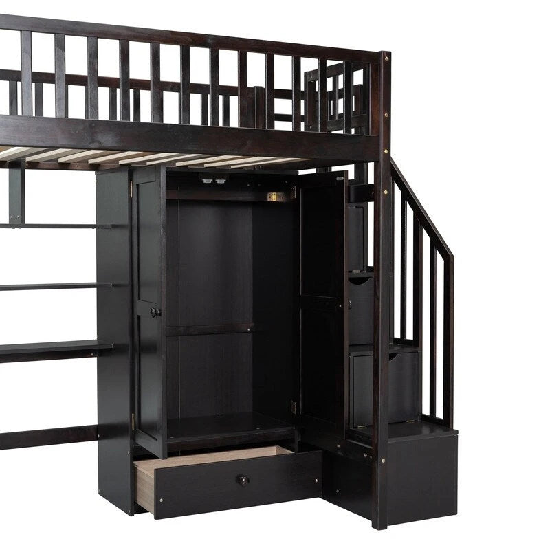 Cama alta individual con estantería, cajones, escritorio y armario