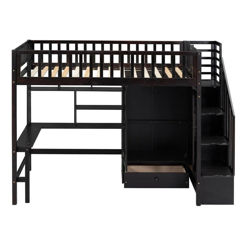 Cama alta individual con estantería, cajones, escritorio y armario