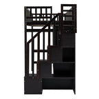 Cama alta individual con estantería, cajones, escritorio y armario