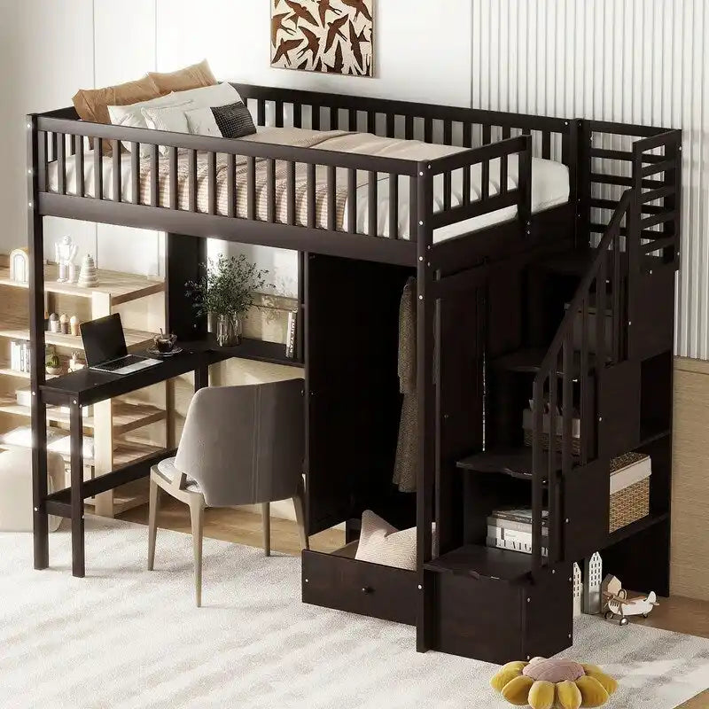Cama alta individual con estantería, cajones, escritorio y armario