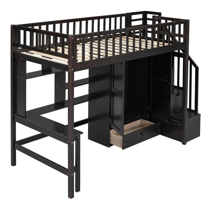 Cama alta individual con estantería, cajones, escritorio y armario