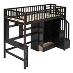 Cama alta individual con estantería, cajones, escritorio y armario