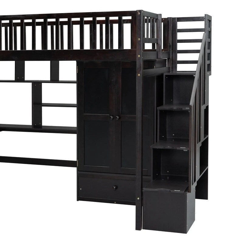 Cama alta individual con estantería, cajones, escritorio y armario