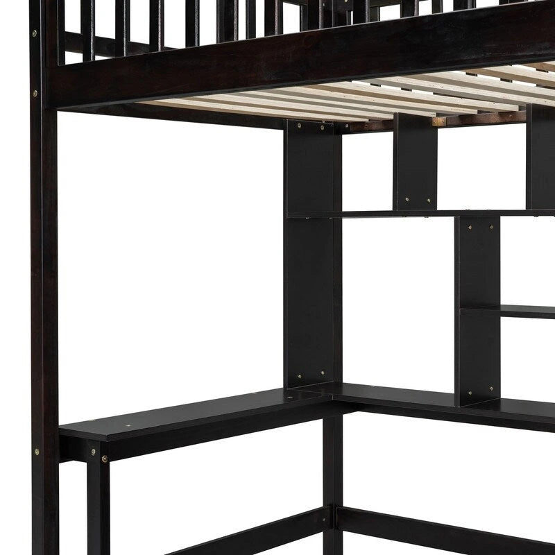Cama alta individual con estantería, cajones, escritorio y armario
