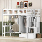 Cama alta individual con estantería, cajones, escritorio y armario
