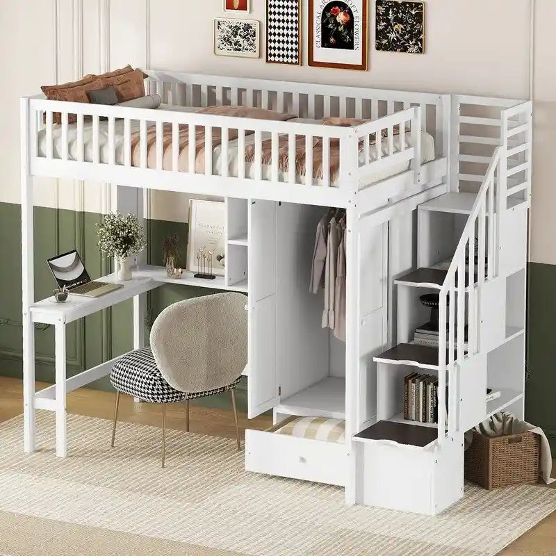 Cama alta individual con estantería, cajones, escritorio y armario