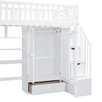 Cama alta individual con estantería, cajones, escritorio y armario