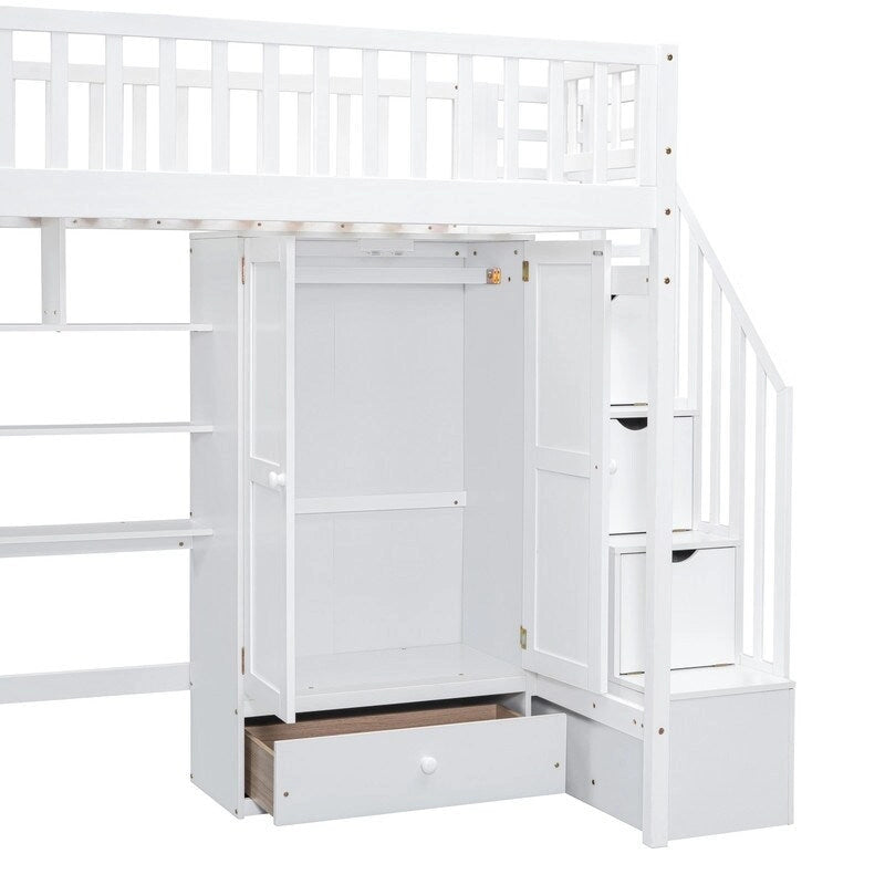 Cama alta individual con estantería, cajones, escritorio y armario