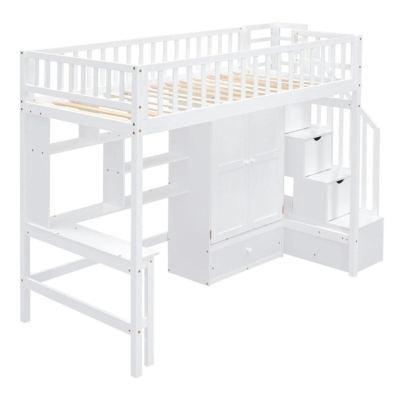 Cama alta individual con estantería, cajones, escritorio y armario