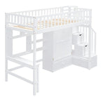 Cama alta individual con estantería, cajones, escritorio y armario