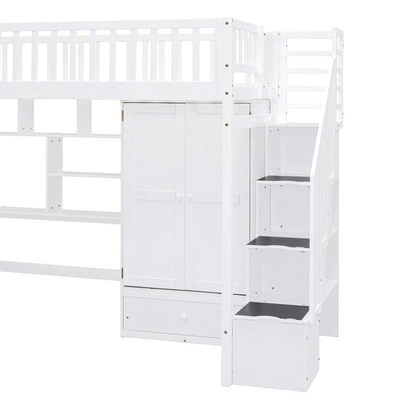 Cama alta individual con estantería, cajones, escritorio y armario