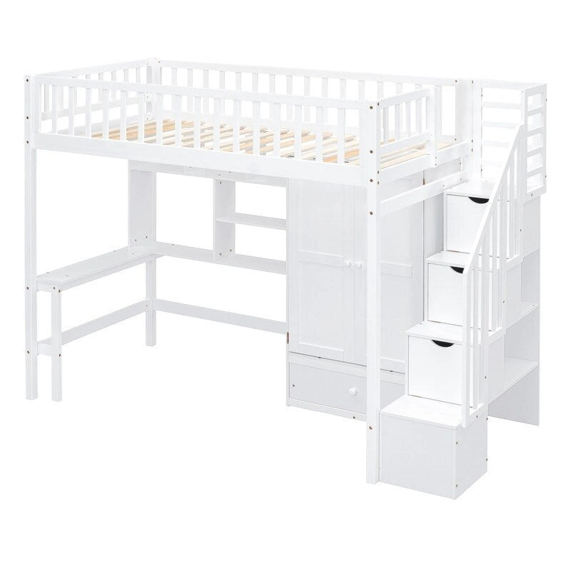 Cama alta individual con estantería, cajones, escritorio y armario