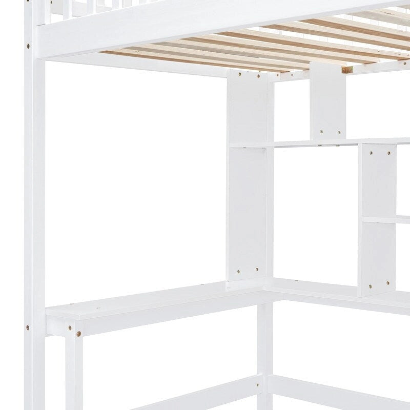 Cama alta individual con estantería, cajones, escritorio y armario