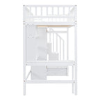 Cama alta individual con estantería, cajones, escritorio y armario