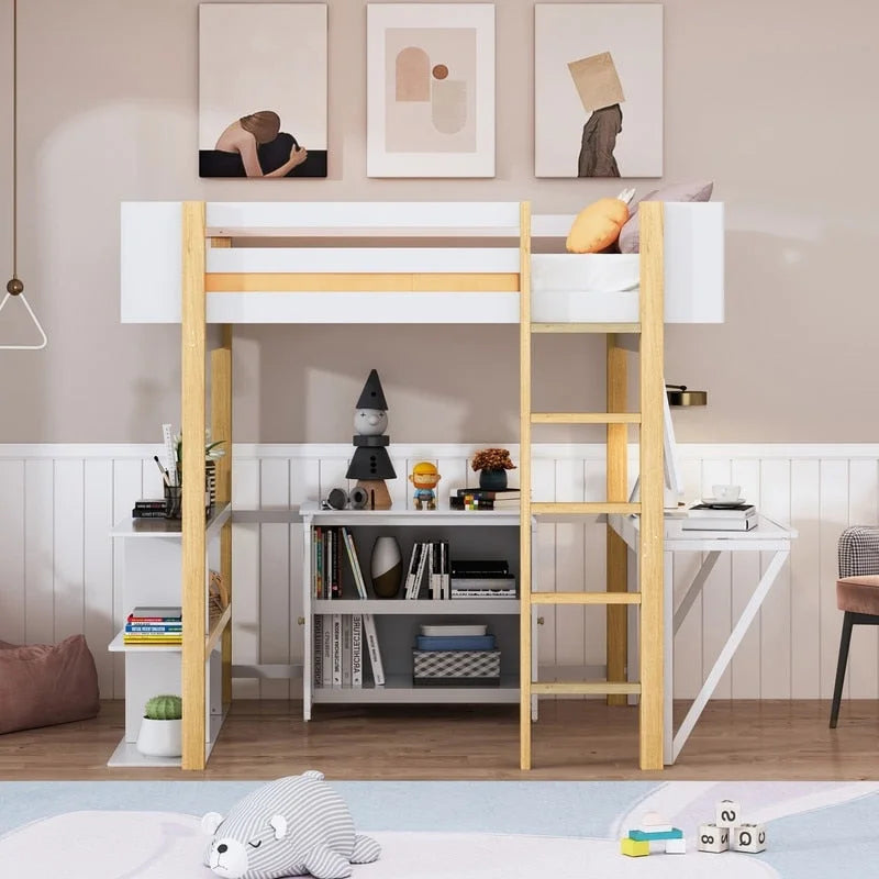 Cama alta de madera de tamaño completo con armario de almacenamiento y cubos incorporados, escritorio plegable