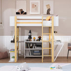 Cama alta de madera de tamaño completo con armario de almacenamiento y cubos incorporados, escritorio plegable